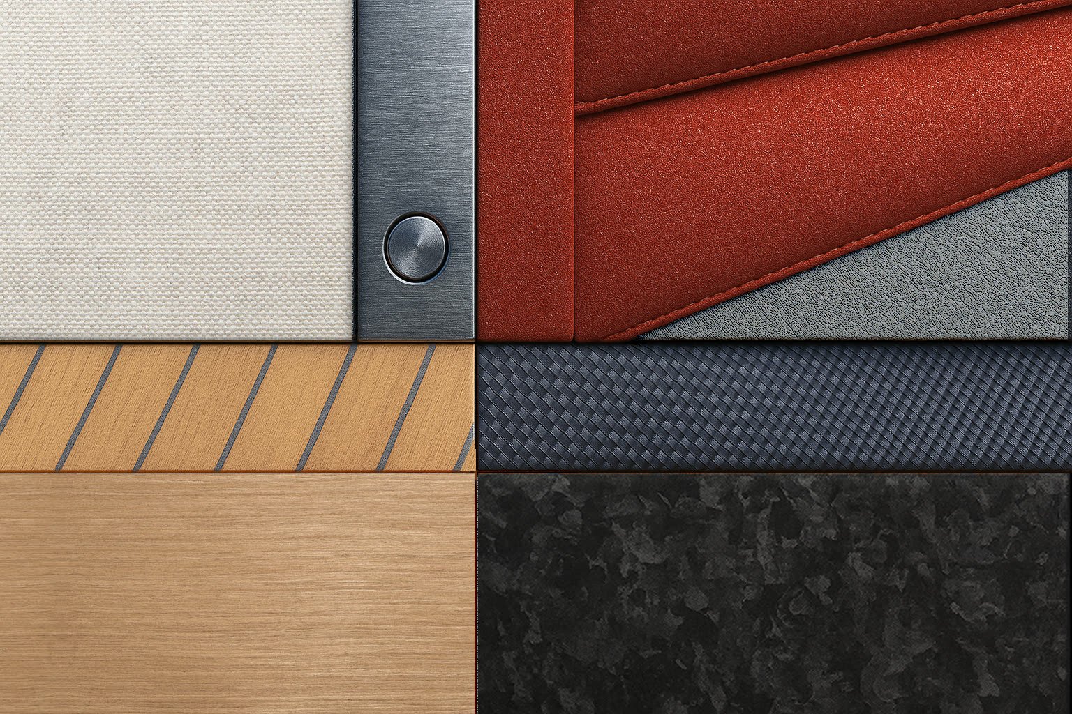 Materiali di bordo — teak, Alcantara, carbonio, pelle
