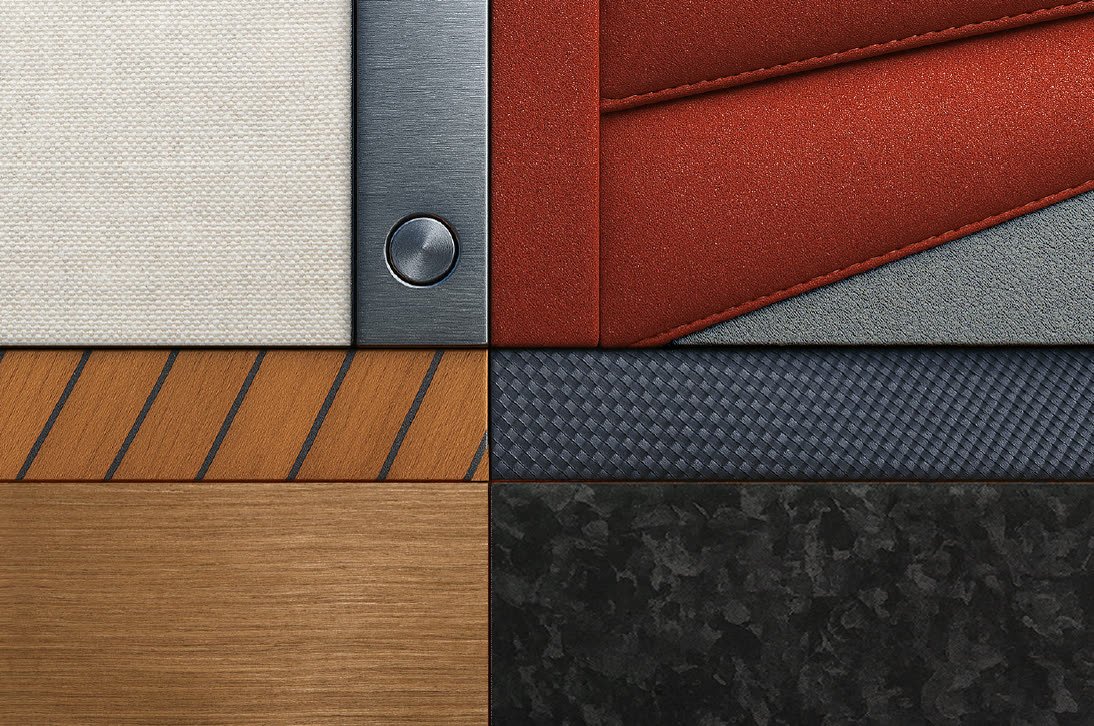 Materiali di bordo — teak, Alcantara, carbonio, pelle